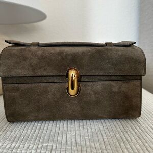 Savette Mink Brown Suede Symmetry Pochette Bag with gold accents